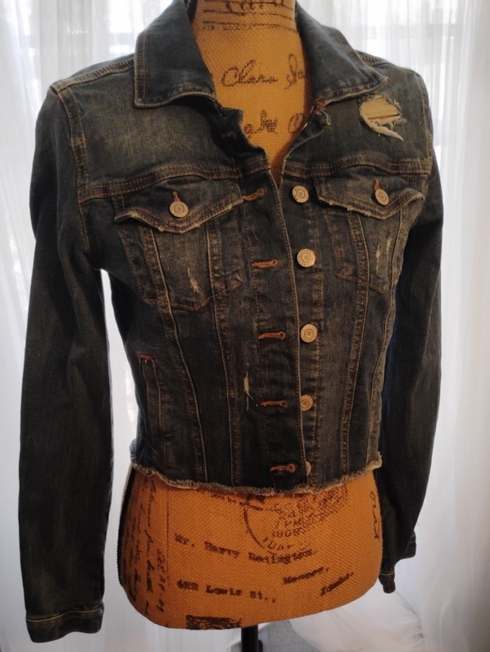 Maurices Dark Washed Distressed Denim Jacket - Blue XS